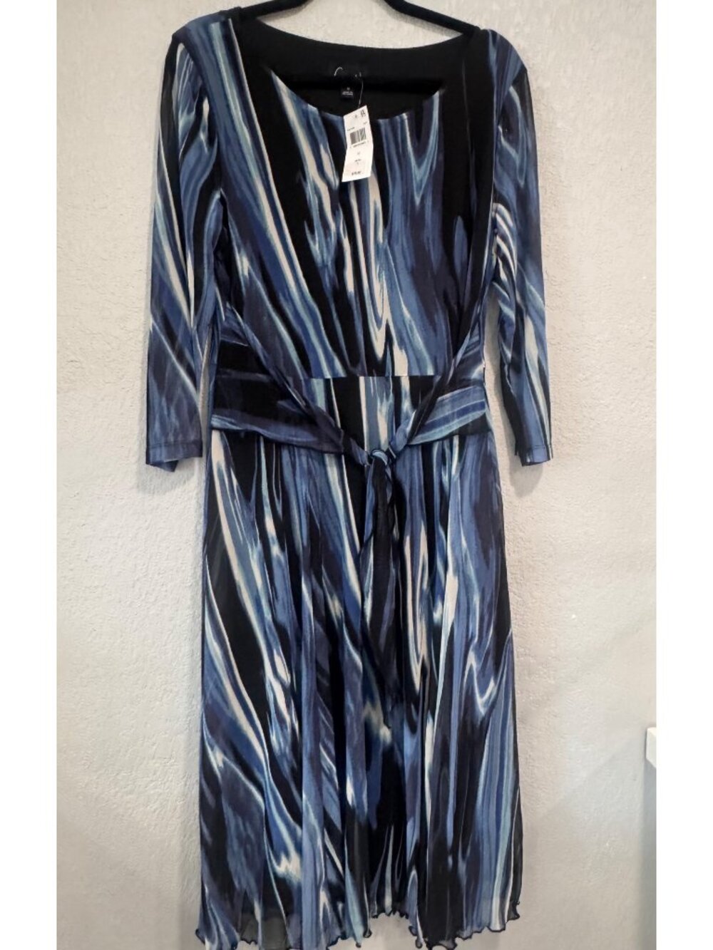 Connected Apparel Blue Abstract Print Midi Dress 3/4 Sleeves Tie Waist Size 12 M